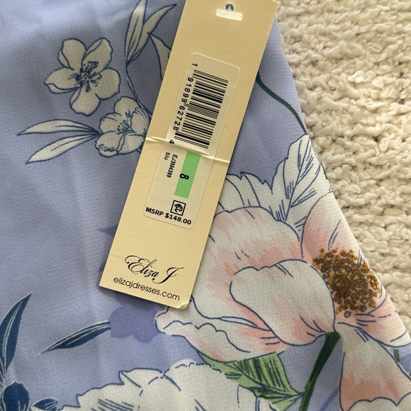 Eliza J floral Midi dress Blue Floral Print Chiffon Belted High Bow Tie Neck Sz8 - Picture 6 of 15